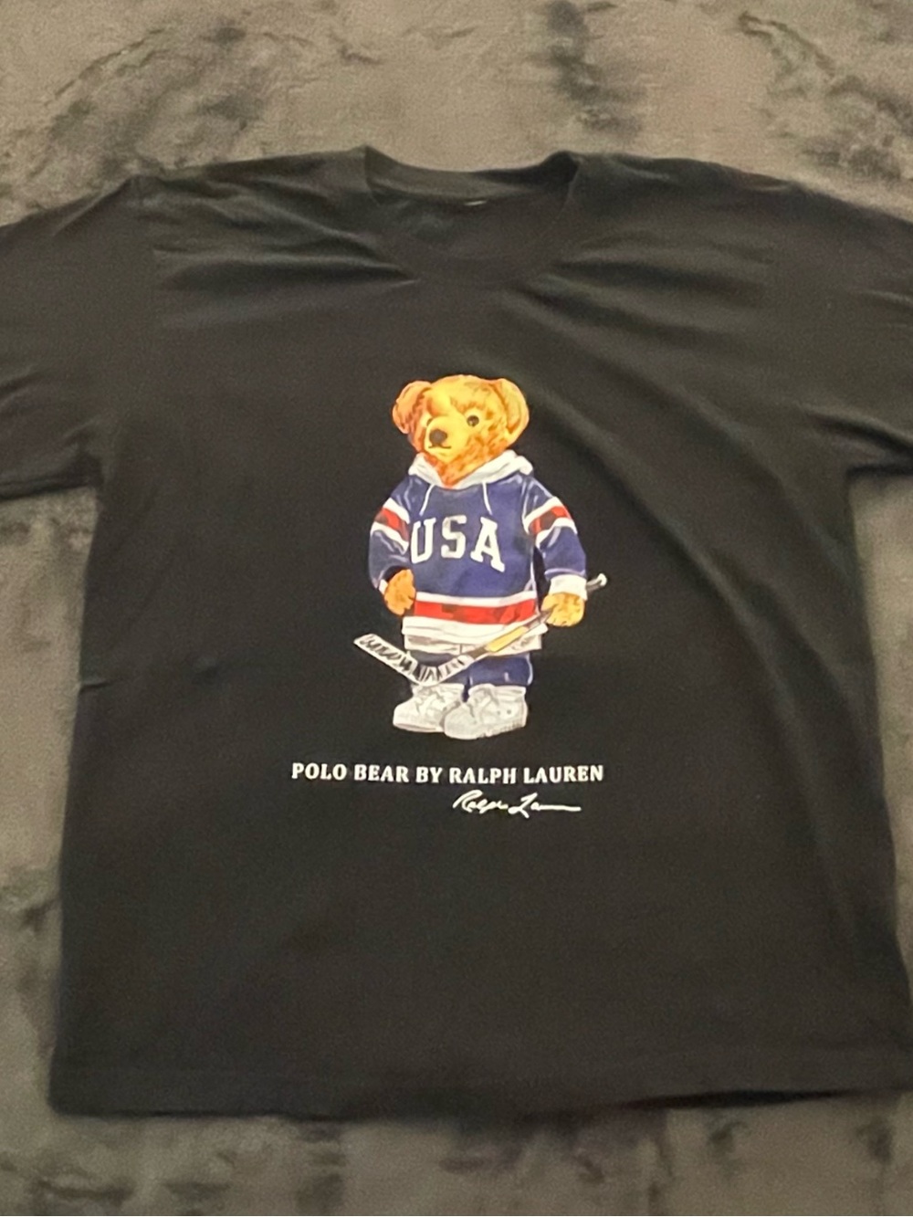 Polo Ralph Lauren Mens L Black Tee USA Hockey Polo Bear Graphic